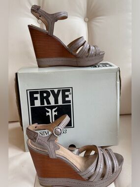 Frye Taupe Strappy Wedge Sandals with Wood-Tone Platform